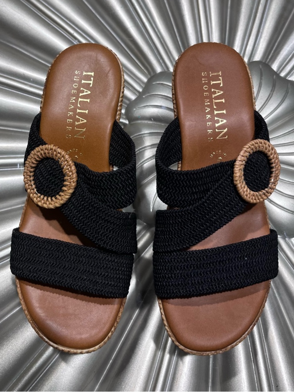 Italian Shoemakers Black Woven Slide Sandals with Brown Footbed